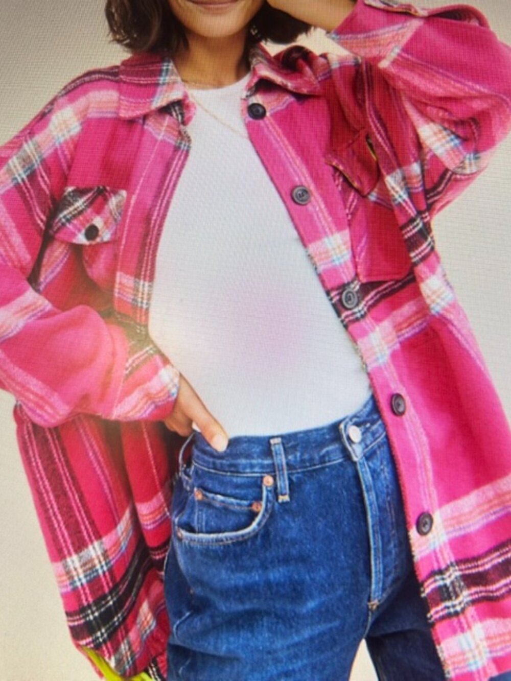 We The Free Free People Pink Plaid Down For You Adjustable Shirt Jacket